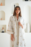 Elegant White Linen Abaya with Golden Embroidery