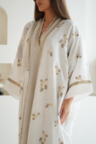 Elegant White Linen Abaya with Golden Embroidery