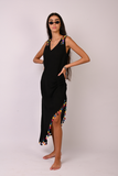 black embroidered linen dress