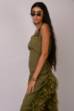 green embroidered linen dress